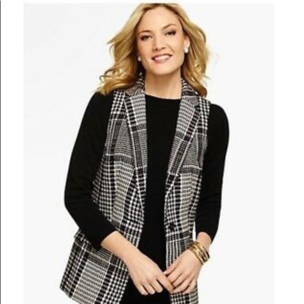 Talbots Black & White Houndstooth Plaid Vest